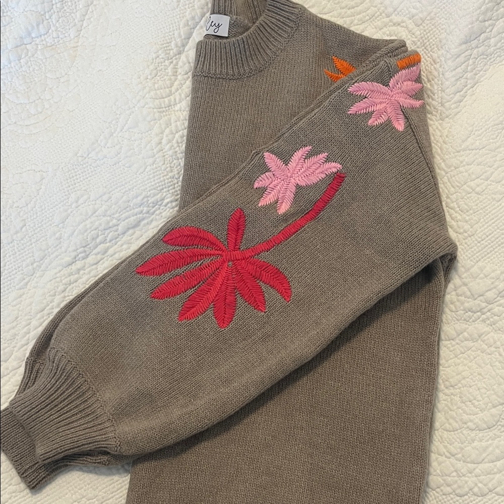 Taupe Sweater with Pink and Orange Floral Embroidery